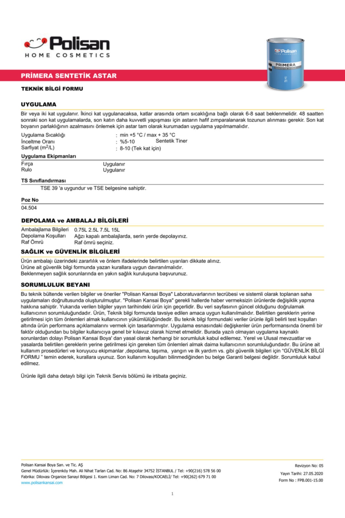 Polisan Primera Sentetik Astar Beyaz 2,5L