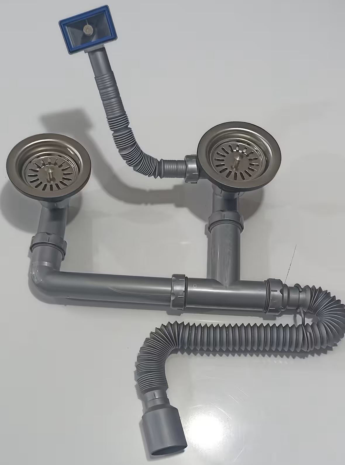 Geylani Donau Çöpmak Çiftli Eviye Sifonu Taşmalı Körüklü Sifon Gri 11,5cm
