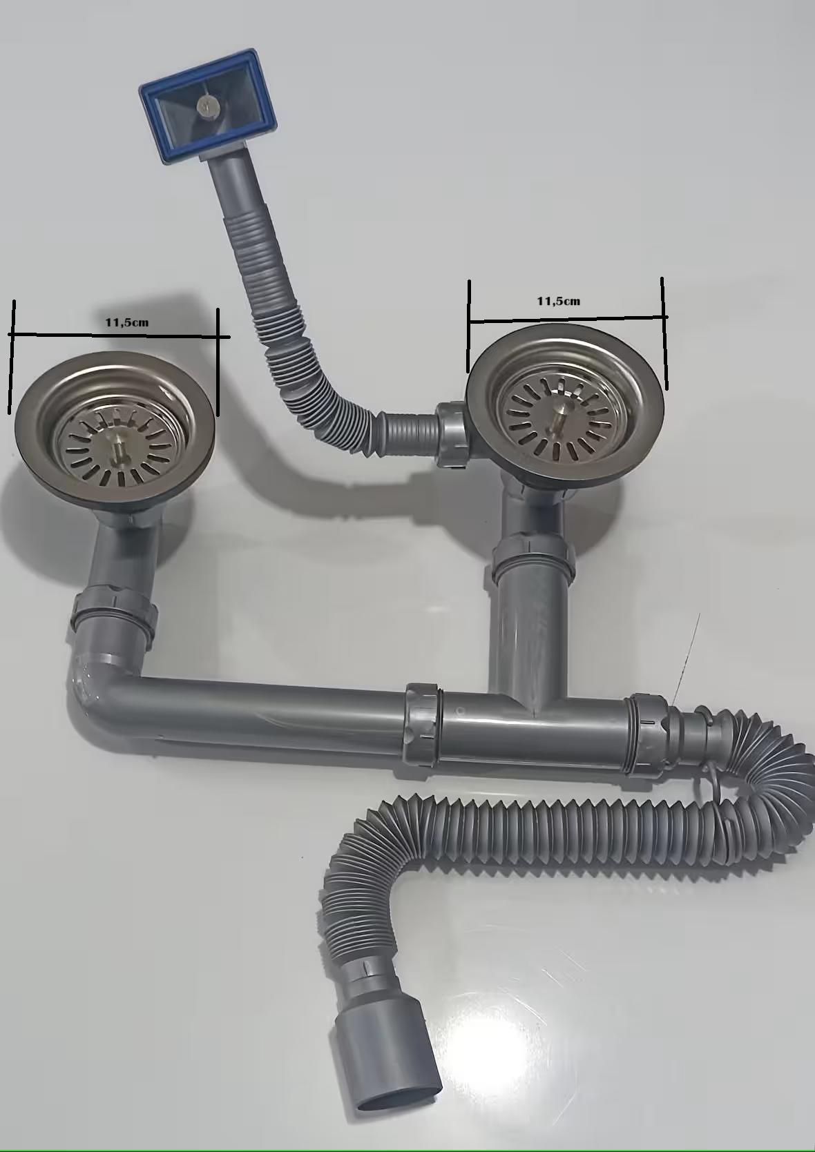 Geylani Donau Çöpmak Çiftli Eviye Sifonu Taşmalı Körüklü Sifon Gri 11,5cm